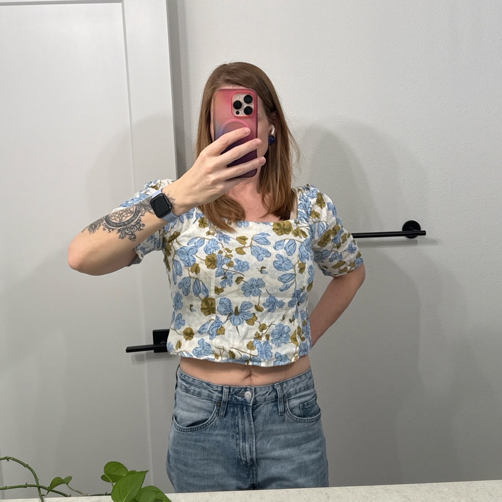 Joie Linen Top Size Large NWT Blue Floral Smocked Back Cottagecore Blouse